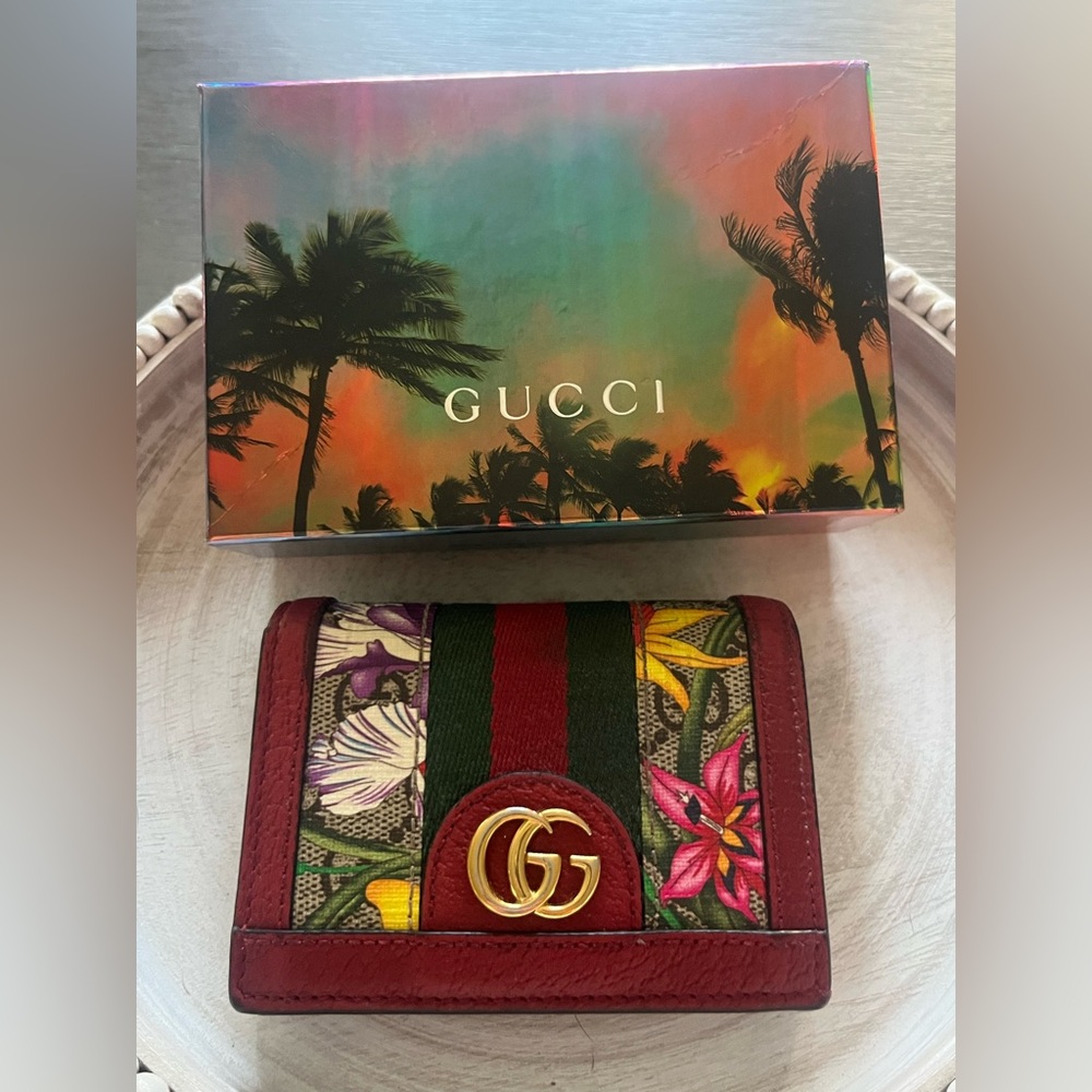 Gucci Red Leather GG Coated Canvas Flora Print Ophidia Flap Wallet